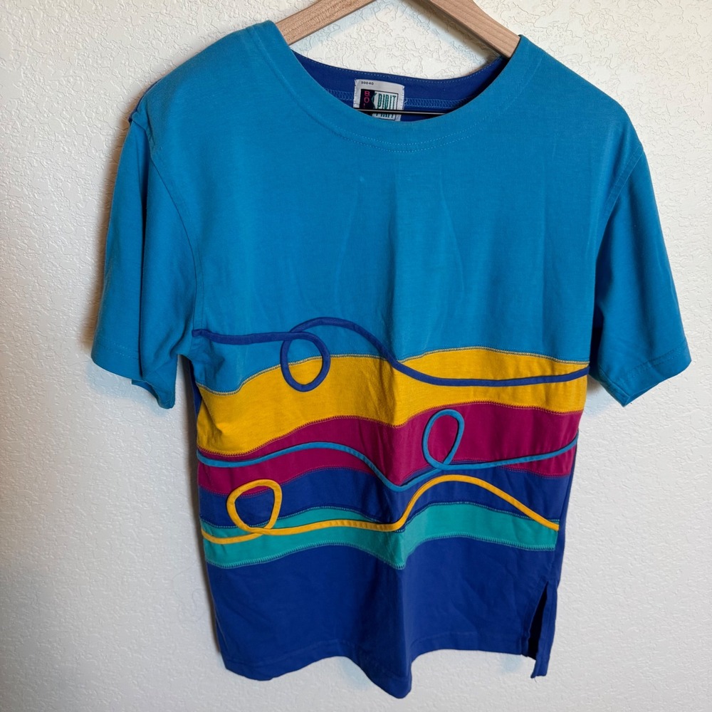 Vintage 80s Kidcore Colorblock Bold Spirit T-Shirt Small Blue Yellow Pink - Picture 2 of 4